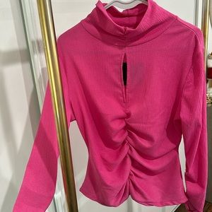 Hot pink long sleeve blouses. High neck. Cleavage slit. Sexy.